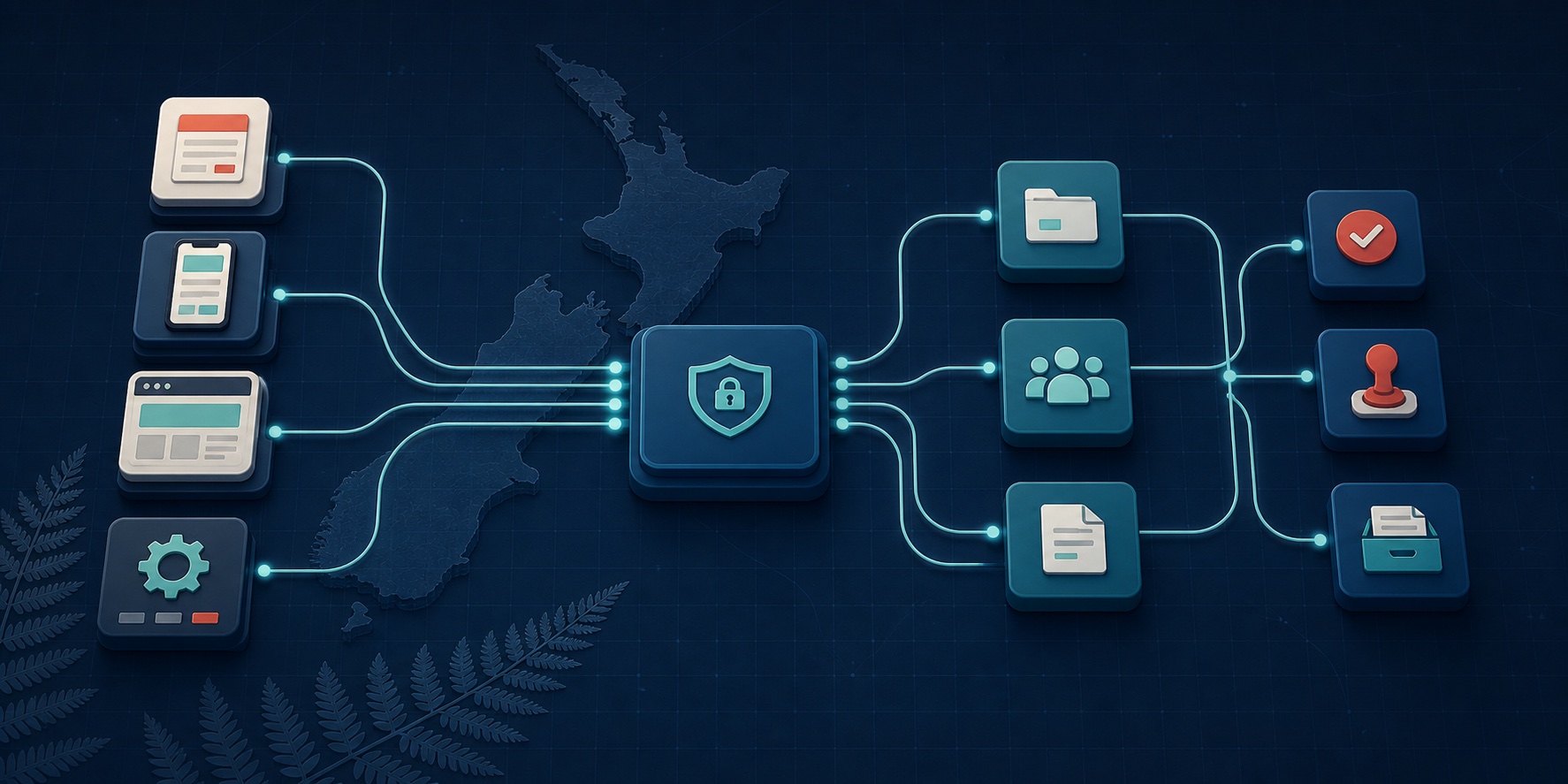 New Zealand government forms and digital channels passing through one secure shared layer into reusable back-office processes